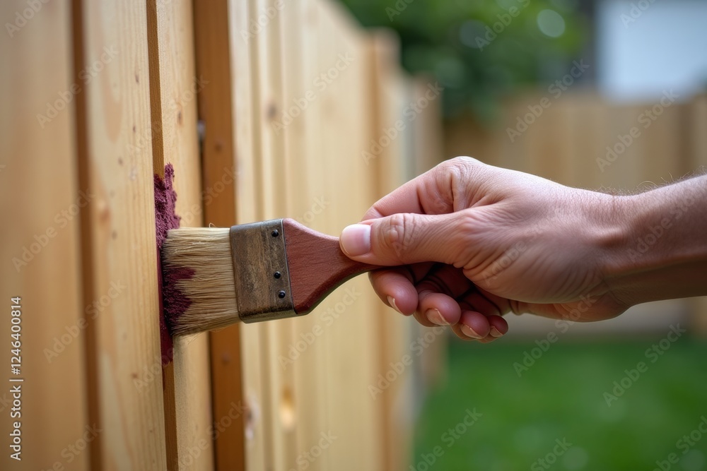 Painting Wooden Fence. A hand holding a paintbrush applies a coat of red paint to a wooden fence outdoors.