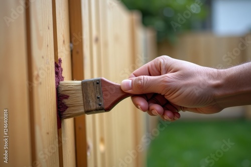 Painting Wooden Fence. A hand holding a paintbrush applies a coat of red paint to a wooden fence outdoors.