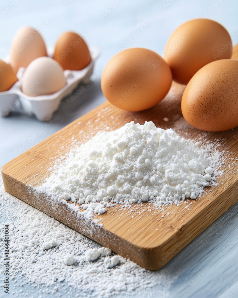 Fresh eggs and flour on wooden board, perfect for baking delights Fresh eggs and flour on wooden board, perfect for baking delights