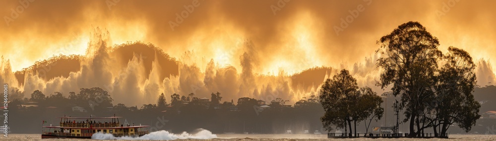 Fototapeta premium A dramatic scene of a boat navigating through waters with a backdrop of intense flames and smoke from a wildfire affecting nearby hills.