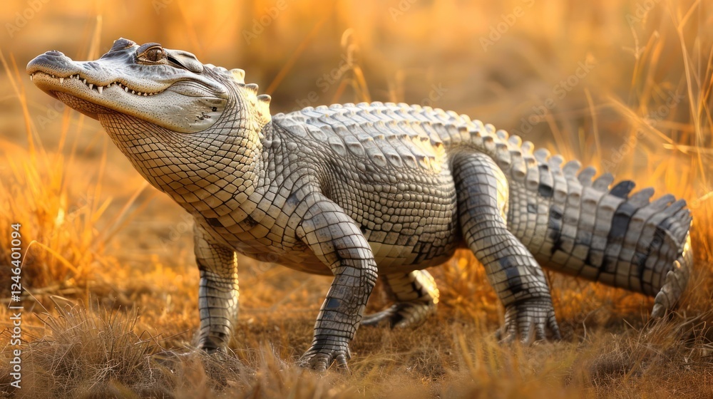 Fototapeta premium A realistic crocodile model standing on dry grass in a golden sunset, showcasing its intricate details