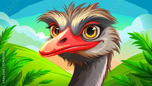 Closeup of head of cute wild common ostrich bird with red beak standing against blurred green background in nature