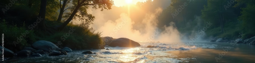 Fototapeta premium Morning light peeks through mist on the river's flow, atmosphere, landscape, flow