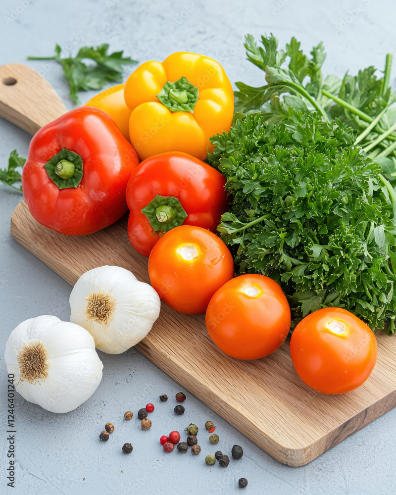 Fresh vegetables including bell peppers, tomatoes, and garlic on wooden cutting board Fresh vegetables including bell peppers, tomatoes, and garlic on wooden cutting board
