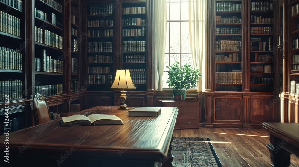Cozy Library Interior with Bookshelves and Warm Lighting Ambiance Cozy Library Interior with Bookshelves and Warm Lighting Ambiance