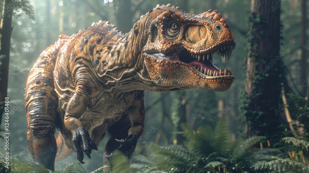 Fototapeta premium A roaring dinosaur in a lush prehistoric forest, surrounded by ferns and towering trees, evoking adventure
