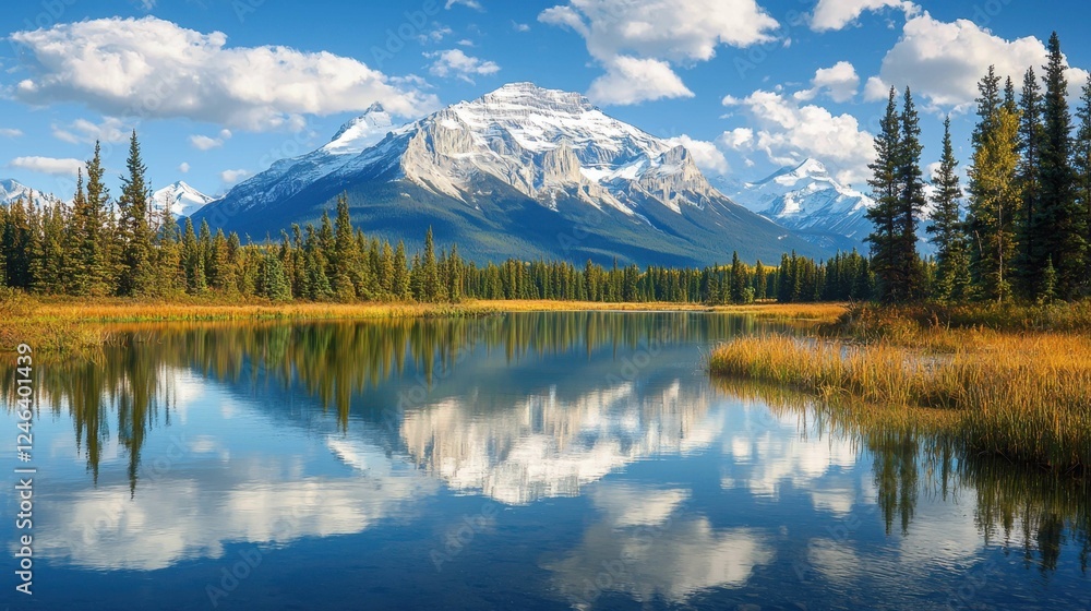 Stunning Reflection of Snow-Capped Mountain in Calm Lake Landscape Stunning Reflection of Snow-Capped Mountain in Calm Lake Landscape
