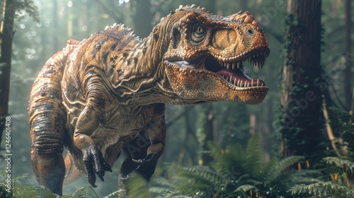 Fototapeta Naklejka Na Ścianę i Meble -  A roaring dinosaur in a lush prehistoric forest, surrounded by ferns and towering trees, evoking adventure