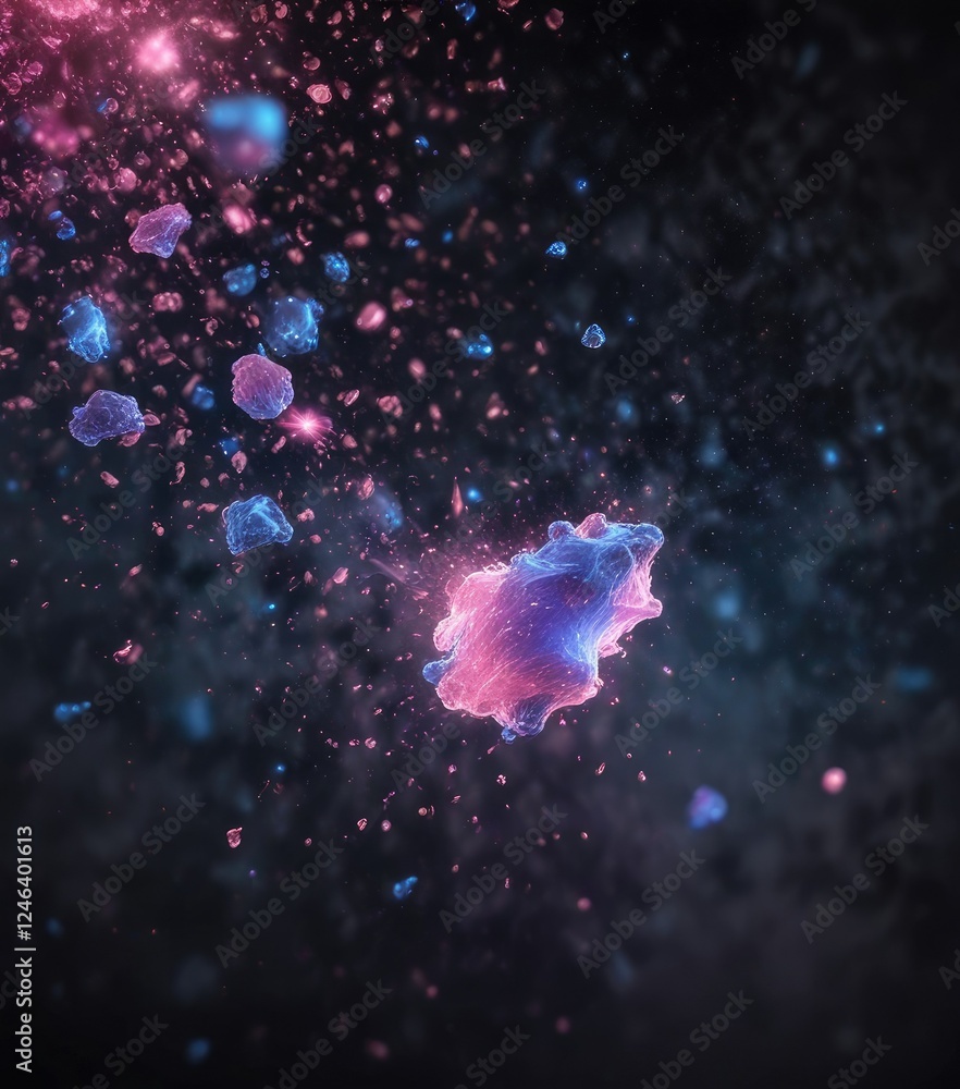 Fototapeta premium Softly glowing blue particles suspended in mid-air against a dark background, with pink hues scattered throughout , abstract, gentle movement