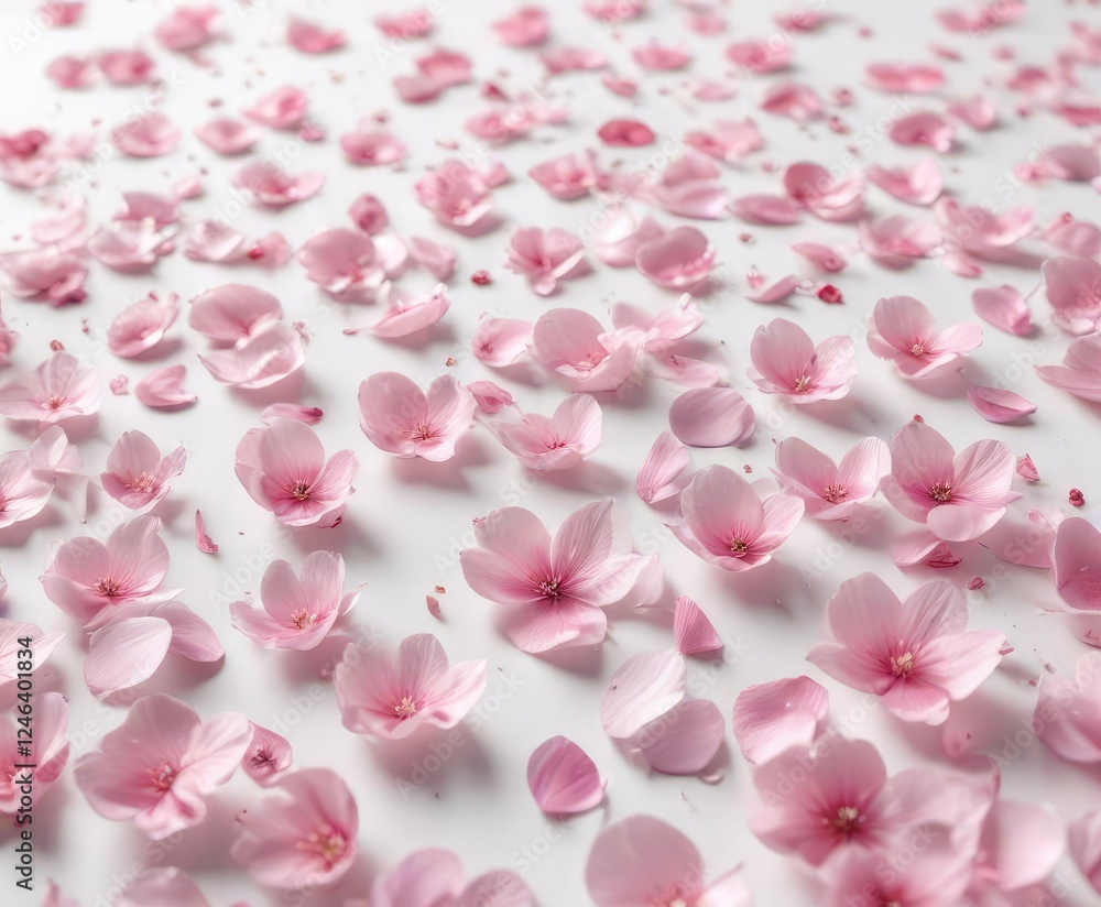 Fototapeta premium Soft pink flower petals scattered on a white background, floral arrangement, paper flowers, soft focus photography