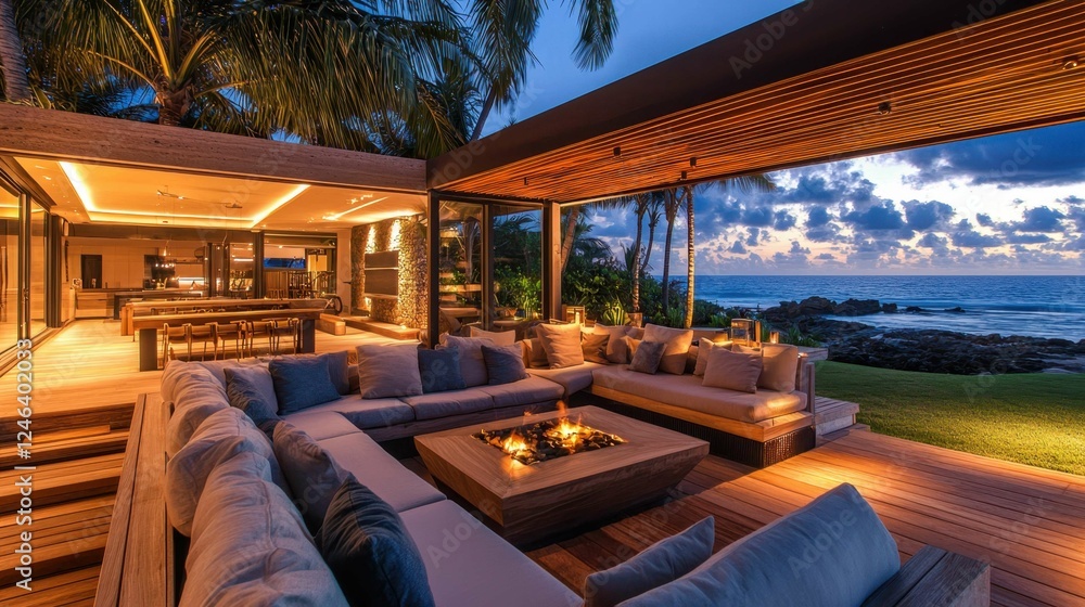 Luxurious Outdoor Lounge Area with Fire Pit at Dusk by the Sea Luxurious Outdoor Lounge Area with Fire Pit at Dusk by the Sea