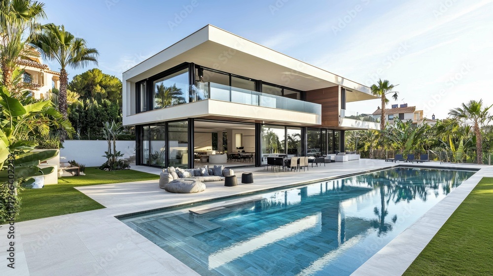 Fototapeta premium Modern Luxury Villa with Pool and Lush Tropical Surroundings