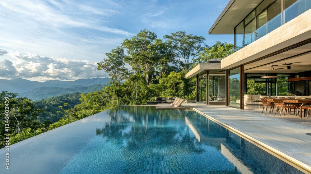 Fototapeta premium Modern villa with infinity pool overlooking lush mountainous landscape