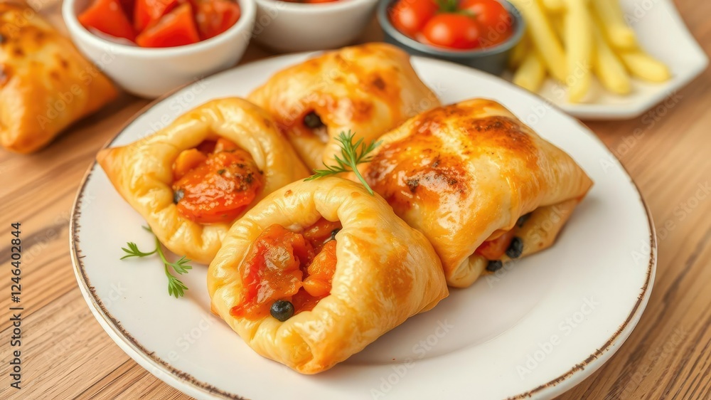 Spinach borek displayed on a rustic white wooden table, cuisine, pastry, savory Spinach borek displayed on a rustic white wooden table, cuisine, pastry, savory