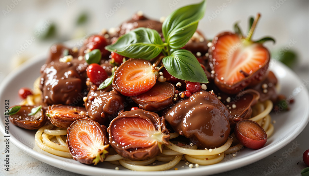 Chocolate-covered strawberries on pasta plate, gourmet delight Chocolate-covered strawberries on pasta plate, gourmet delight