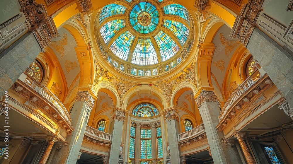 Fototapeta premium Majestic Interior of a Dome with Stained Glass Windows