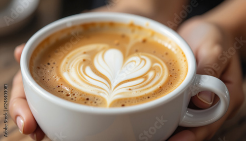 Barista-made latte with heart art, cozy café ambiance