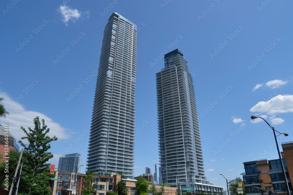 Modern skyscrapers tower over a vibrant urban landscape with clear skies and city life below Modern skyscrapers tower over a vibrant urban landscape with clear skies and city life below