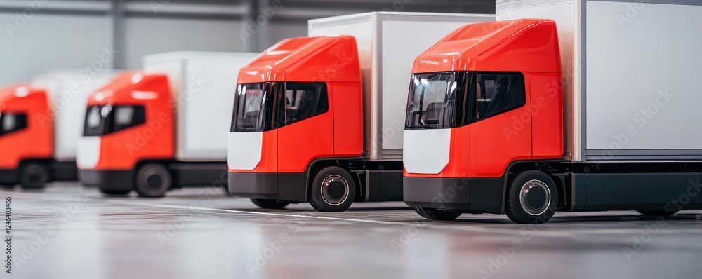 Fototapeta premium A line of miniature trucks with striking red and white colors, arranged neatly, showcasing a modern design in a warehouse setting.