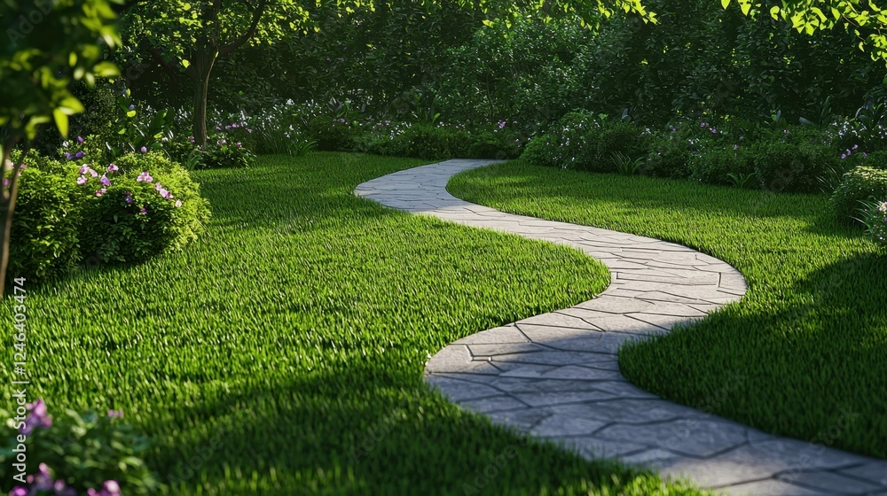 Serene Curved Pathway through a Lush Green Garden Landscape Serene Curved Pathway through a Lush Green Garden Landscape