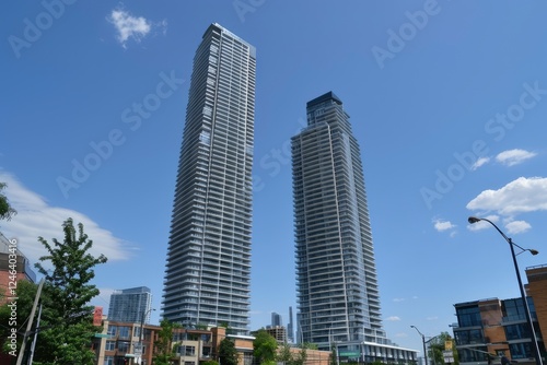 Modern skyscrapers tower over a vibrant urban landscape with clear skies and city life below