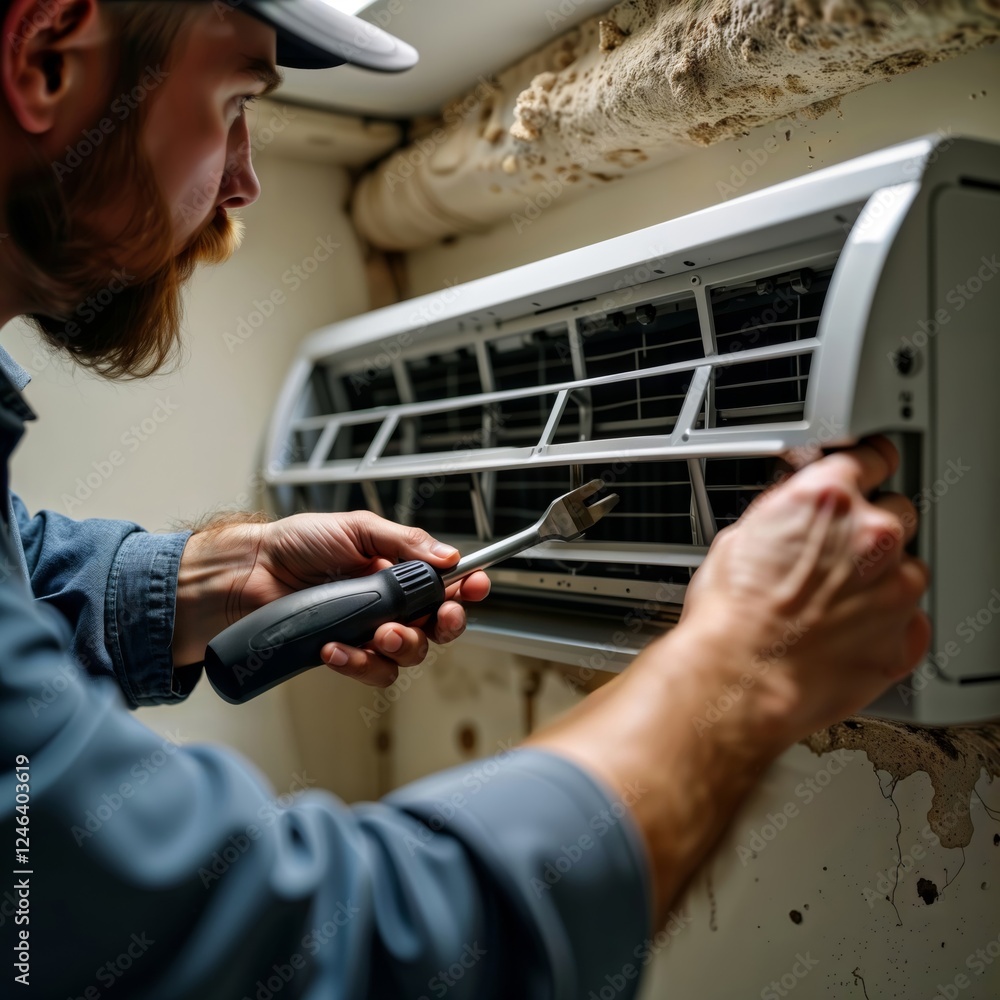 AC repair technician. Professional service worker in blue uniform examining and repairing wall mounted air conditioner unit with tools.