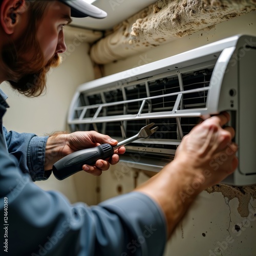 Obraz na płótnie AC repair technician. Professional service worker in blue uniform examining and repairing wall mounted air conditioner unit with tools. w salonie