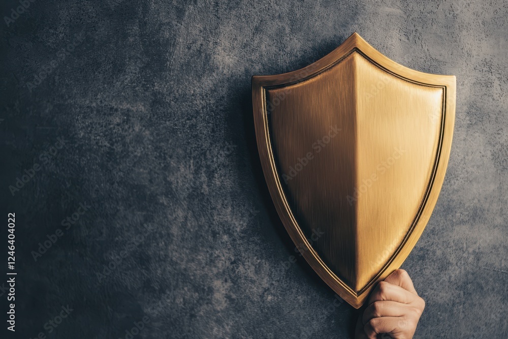 A hand holds a golden shield against a textured wall, symbolizing protection, defense, and strength. A hand holds a golden shield against a textured wall, symbolizing protection, defense, and strength.