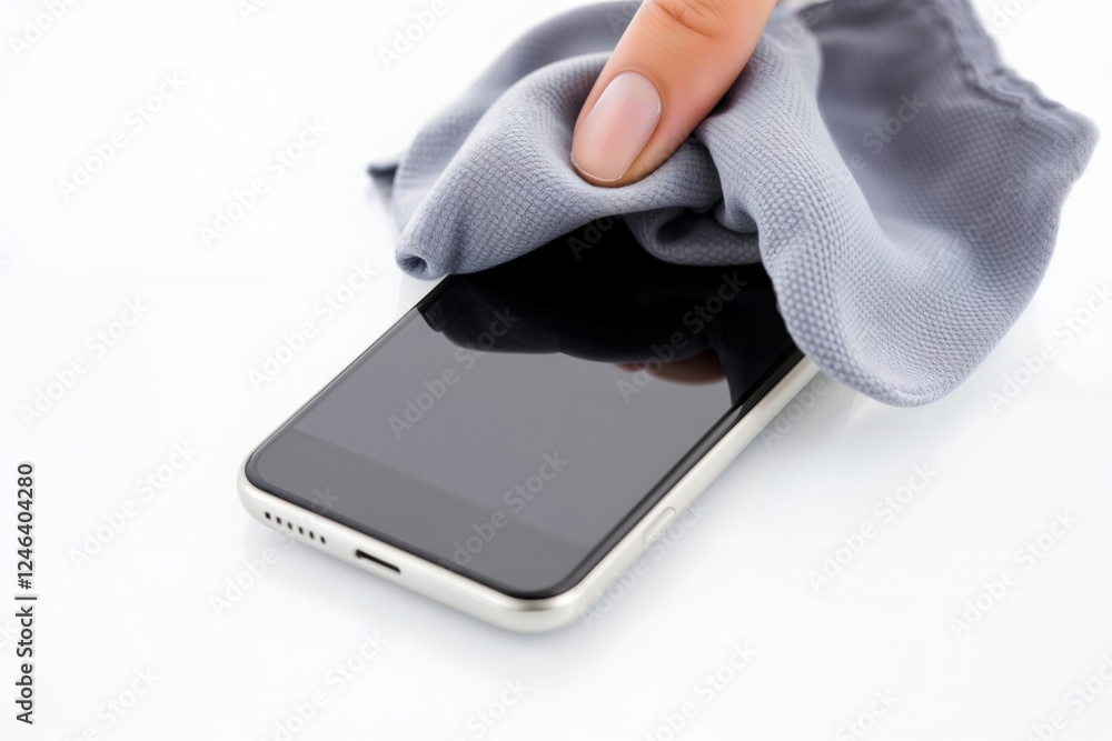 Smartphone cleaning cloth. Hand with manicured nail wiping modern smartphone screen with gray microfiber cleaning cloth on white background.