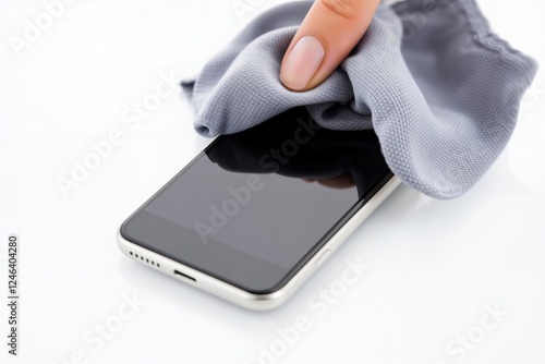 Obraz na płótnie Smartphone cleaning cloth. Hand with manicured nail wiping modern smartphone screen with gray microfiber cleaning cloth on white background. w salonie