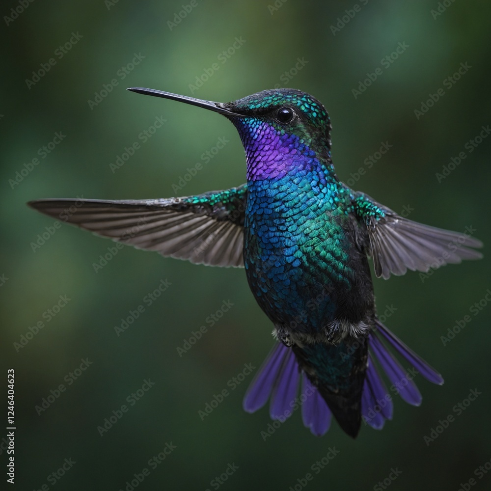 Obraz premium Close-up of a vibrant blue hummingbird, Campylopterus hemileucurus (Violet Sabrewing), suspended mid-air with its iridescent feathers shimmering.