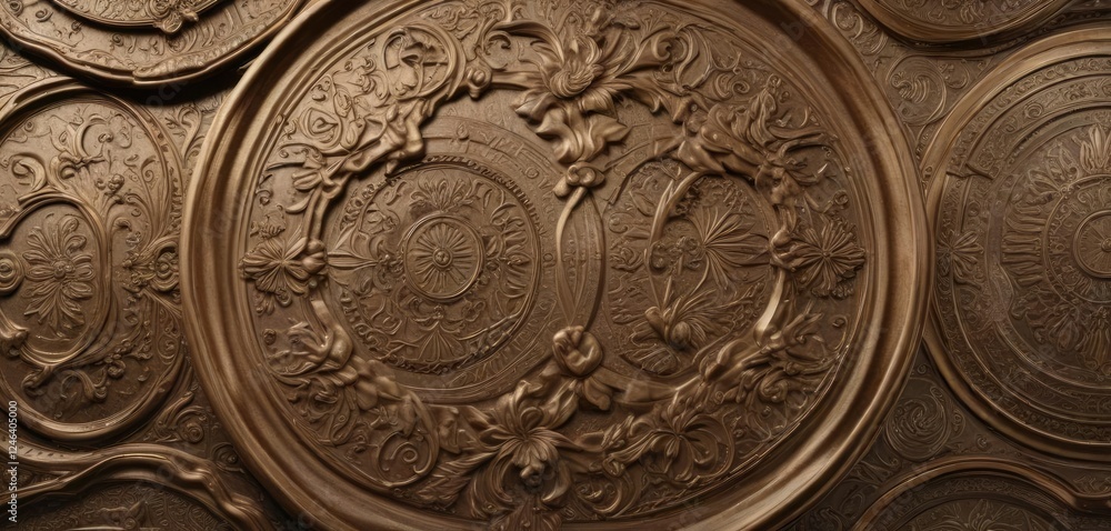 Obraz premium Pattern of hammered bronze plates with intricate engravings, traditional, cultural, old world charm