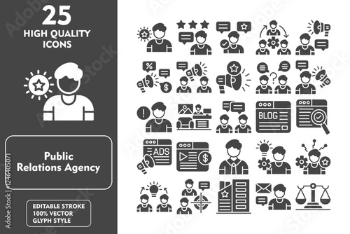 Public Reaction Agency Glyph Icon Set. Incleded Icons Brand, Lobby, Initiative, Specialist, Collaboration, Focus Group, Firm, Message, Ethics, Feedback, Endorsement. Vector Icons Collection