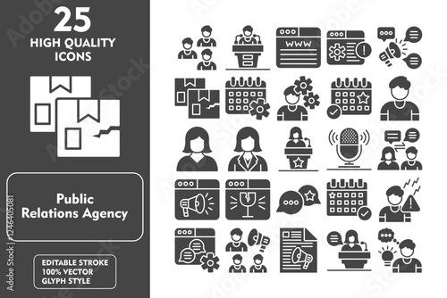 Public Reaction Agency Glyph Icon Set. Incleded Icons Audiences, Press Conference, Www, Information Management, Propaganda, Damaged Package, Event Management. Vector Icons Collection