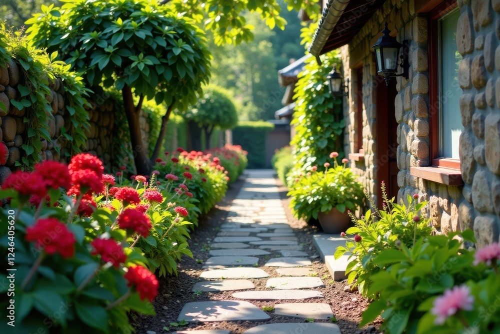 Narrow stone pathway lined with blooming flowers and shrubs, flowers, stone Narrow stone pathway lined with blooming flowers and shrubs, flowers, stone