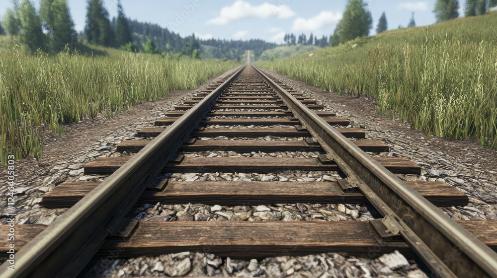 Obraz premium Serene Railway Tracks Stretching into the Distance Among Lush Greenery and Blue Sky