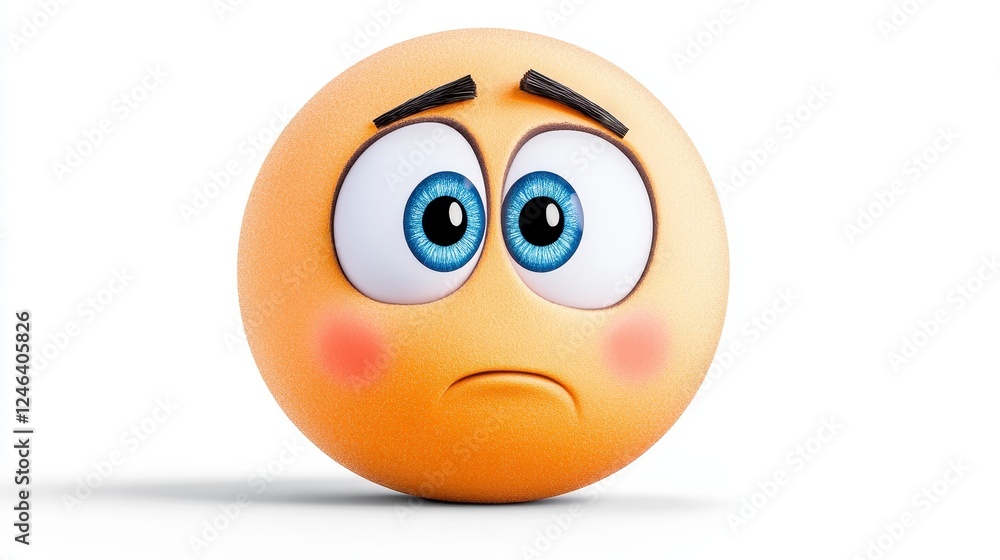 Sad Emoji Face with Big Eyes and Blushing Cheeks on White Background Sad Emoji Face with Big Eyes and Blushing Cheeks on White Background