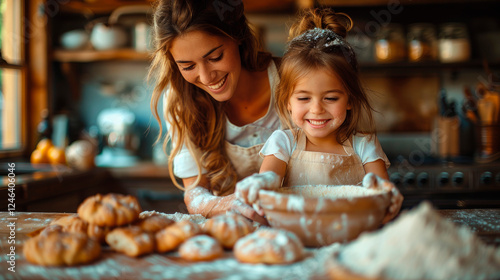 Mother daughter baking in cozy kitchen portrait image. Flour-covered hands, mom girl cooking pastries picture photorealistic photography. Motherhood bonding concept photo realistic