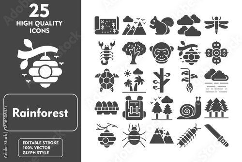 Rainforest Glyph Icon Set. Incleded Icons map, mountain, squirrel, clouds, dragonfly, scorpion, tree, monkey, beehive. Vector Icons Collection