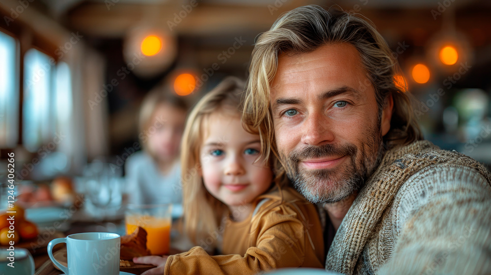 Father and daughter enjoying breakfast together portrait image. Bearded dad girl at table with food and drinks picture photorealistic photography. Fatherhood concept photo realistic Father and daughter enjoying breakfast together portrait image. Bearded dad girl at table with food and drinks picture photorealistic photography. Fatherhood concept photo realistic