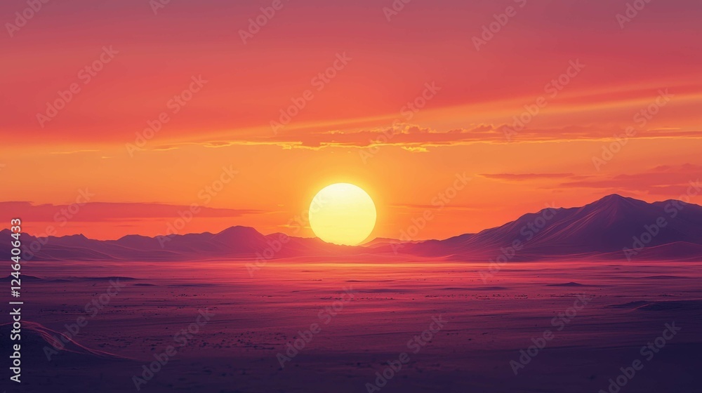 Stunning Sunset Over Desert Landscape with Mountains in Background Stunning Sunset Over Desert Landscape with Mountains in Background