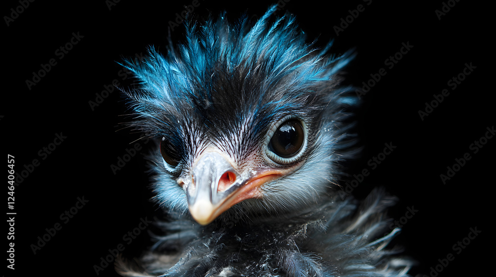 Close-up portrait of a cute baby blue ostrich with big eyes, isolated on a black background Close-up portrait of a cute baby blue ostrich with big eyes, isolated on a black background
