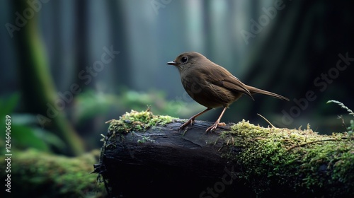 A small brown bird stands on a mossy log in the middle of a dark forest, bathed in warm light filtering through the branches. Blurred background. Used for background and ecosystem composition.
