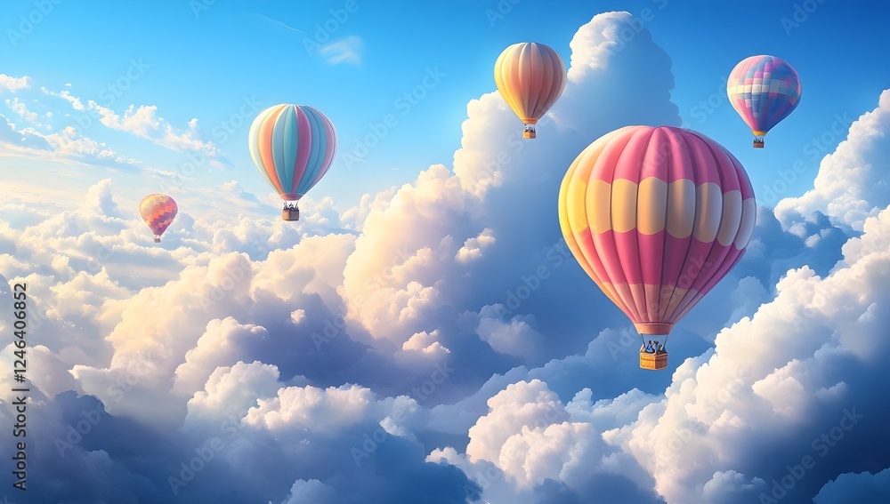 Fototapeta premium Colorful Hot Air Balloons Floating in the Sky Surrounded by Clouds