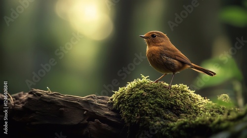 A small brown bird stands on a mossy log in the middle of a lonely forest, bathed in warm light. Blurred background. Use for background and ecosystem composition.