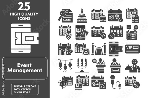 Event Management Glyph Icon Set. Incleded Icons audit, birthday cake, business event, event management, checklist, security, digital marketing. Vector Icons Collection