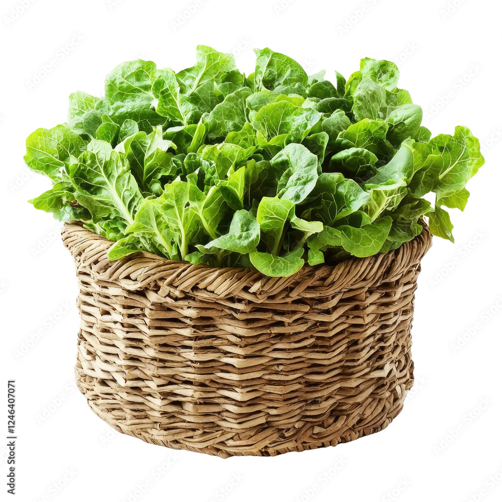 Fresh green lettuce in woven basket, showcasing vibrant leaves and natural texture. Perfect for salads and healthy meals Fresh green lettuce in woven basket, showcasing vibrant leaves and natural texture. Perfect for salads and healthy meals