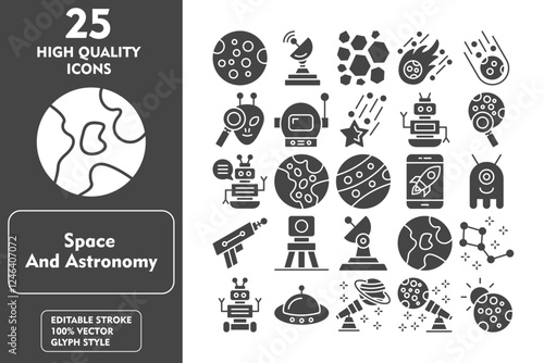 Space and Astronomy Glyph Icon Set. Incleded Icons Moon, Satellite Dish, Rocks, Meteor, Asteroid, Alien, Astronaut Helmet, Falling Star, Robot. Vector Icons Collection
