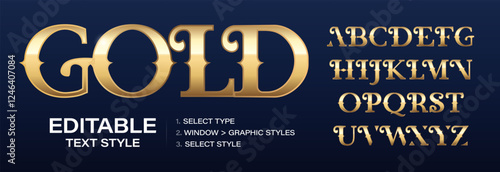 Golden alphabet and graphic style template, decorative letters and gold editable text effect. Customizable premium color style. Vector illustration