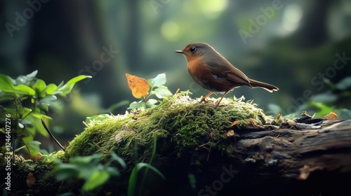 A small brown bird stands on a mossy log in the middle of a lush forest. There is a little sunlight. The background is blurred. Use for background and ecosystem composition.